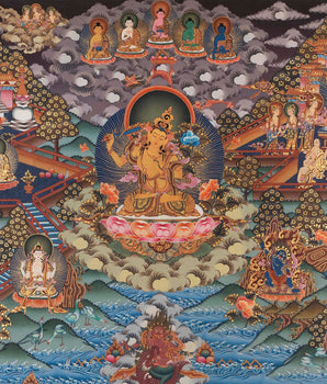 Manjushri and Kathmandu | Swayambhu Folk Lore Representation | Vintage Thangka Painting
