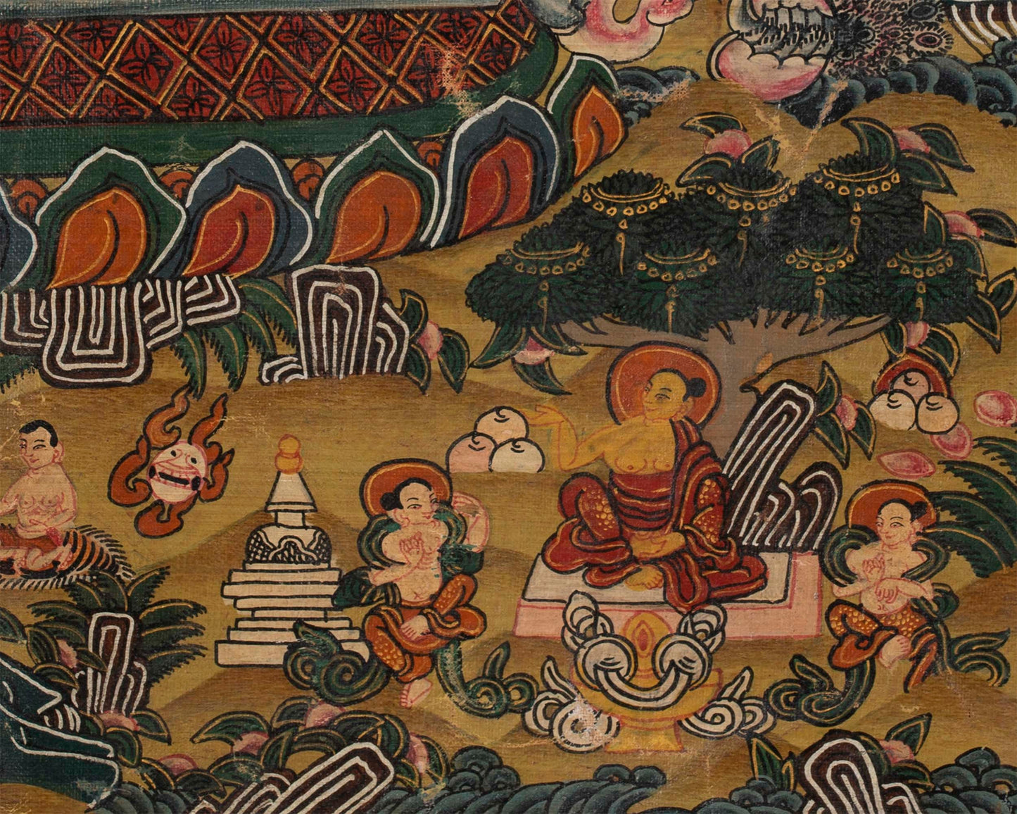 Stupa Thangka | Vintage Original hand painted Buddhist Art with brocade