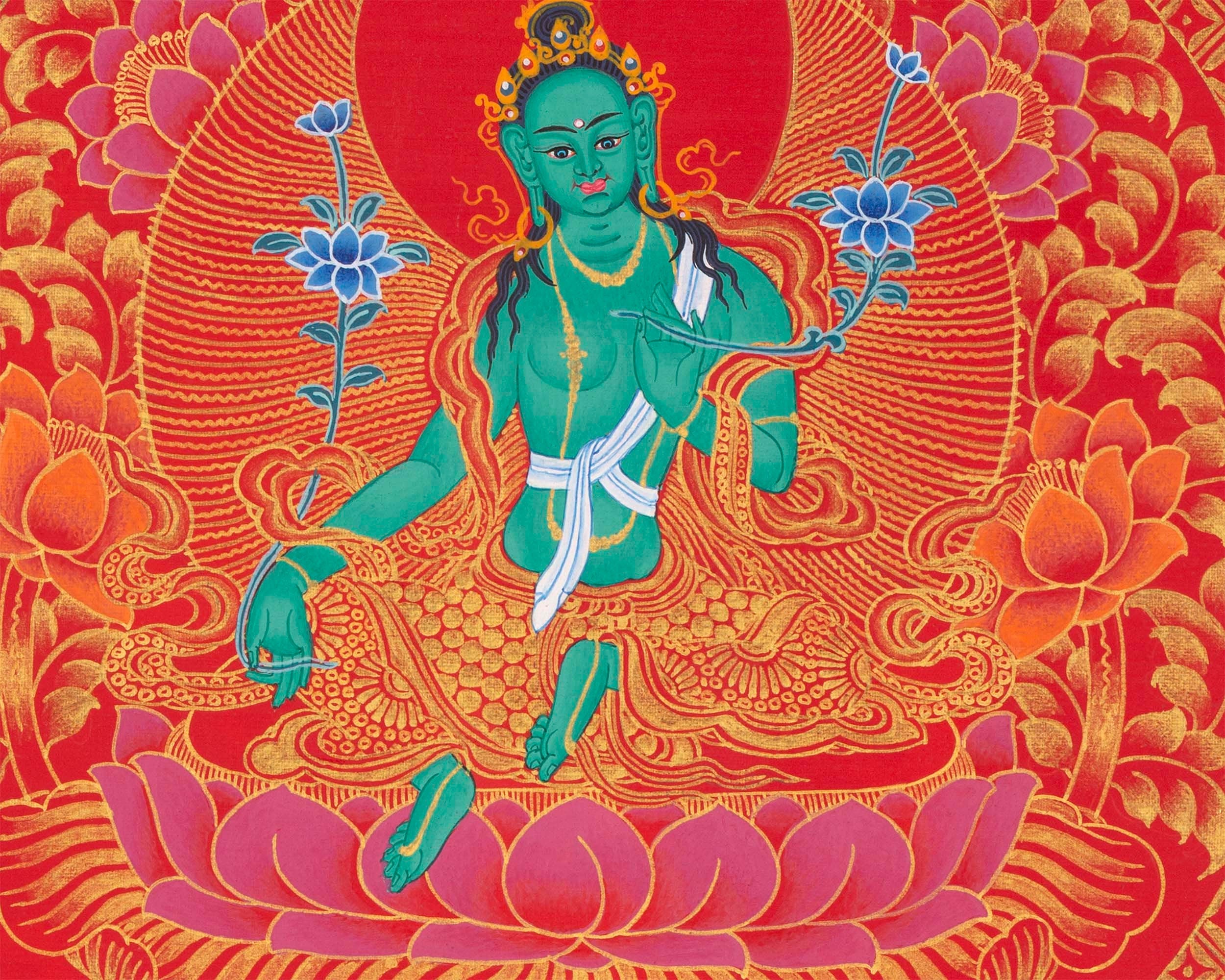 Goddess Green Tara Mandala Thangka | Healing Mandala Thangka | Perfect For Wall Decoration |