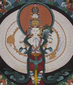 Vintage Arya Lokeshvara | Old Brocade mounted Chengrezig Thangka