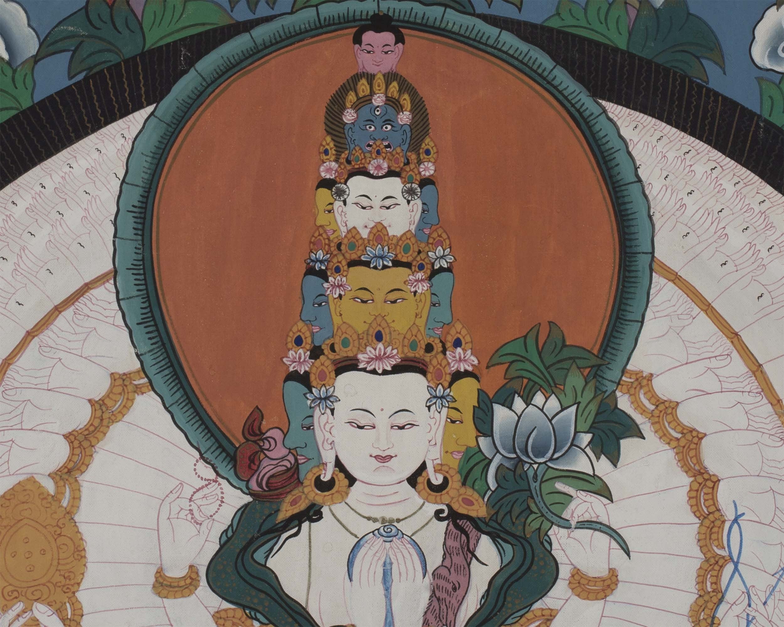 Vintage Arya Lokeshvara | Old Brocade mounted Chengrezig Thangka
