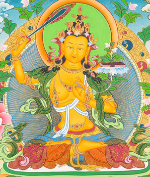 Manjushri Thangka  | Flanked By Avalokiteshvara And Vajrapani