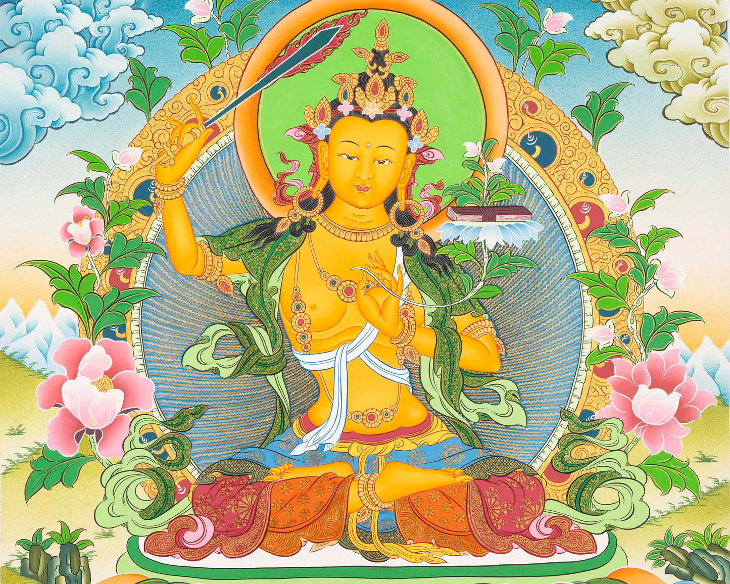 Manjushri Thangka  | Flanked By Avalokiteshvara And Vajrapani