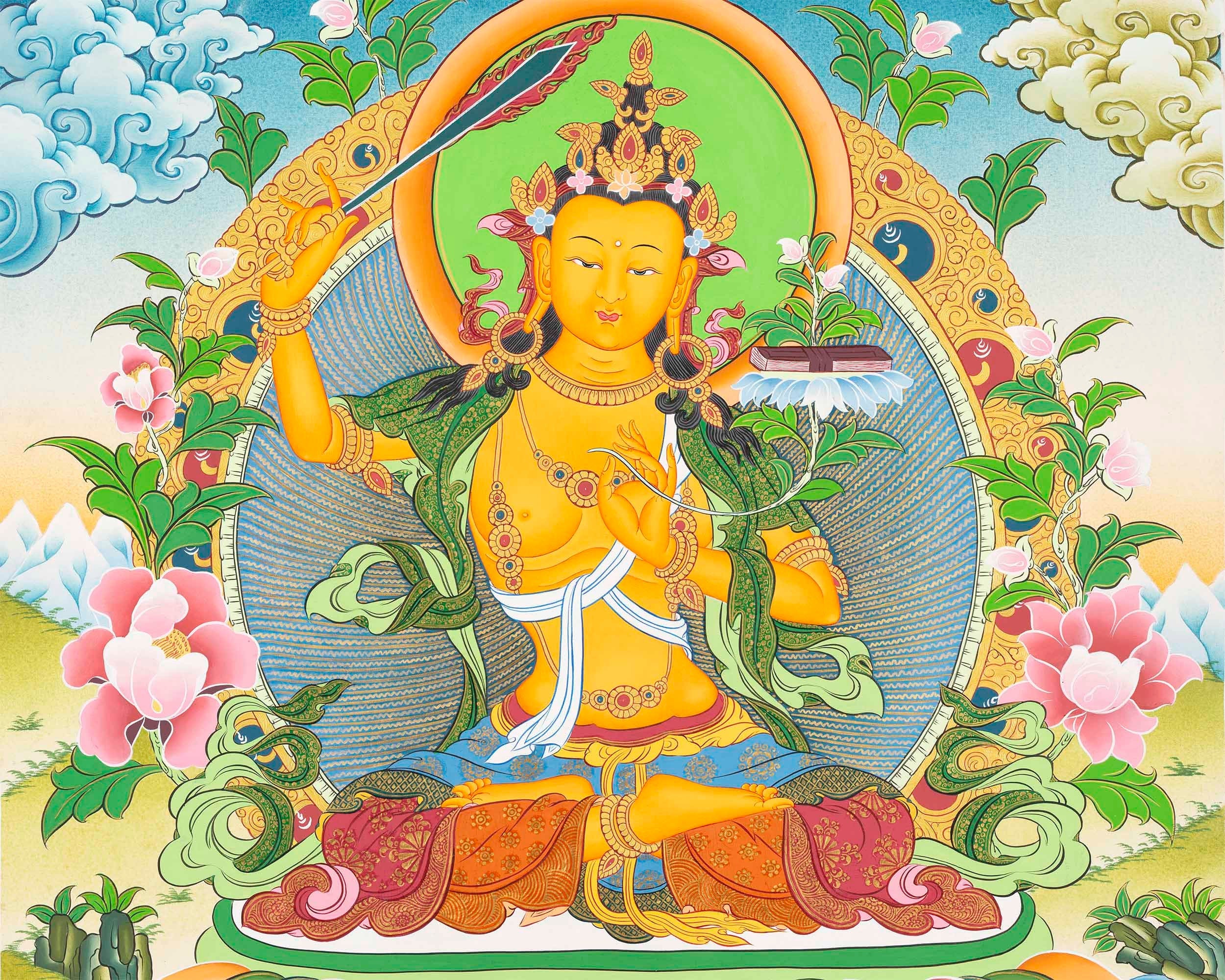 Manjushri Thangka  | Flanked By Avalokiteshvara And Vajrapani
