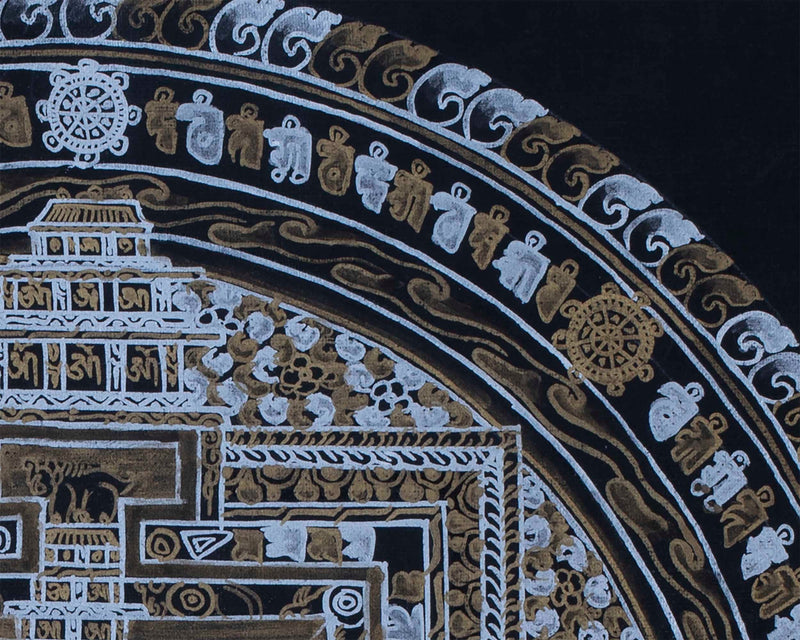 Gold and Silver Kalachakra Mandala Thangka Painting | Hand painted Wall Hanging Art