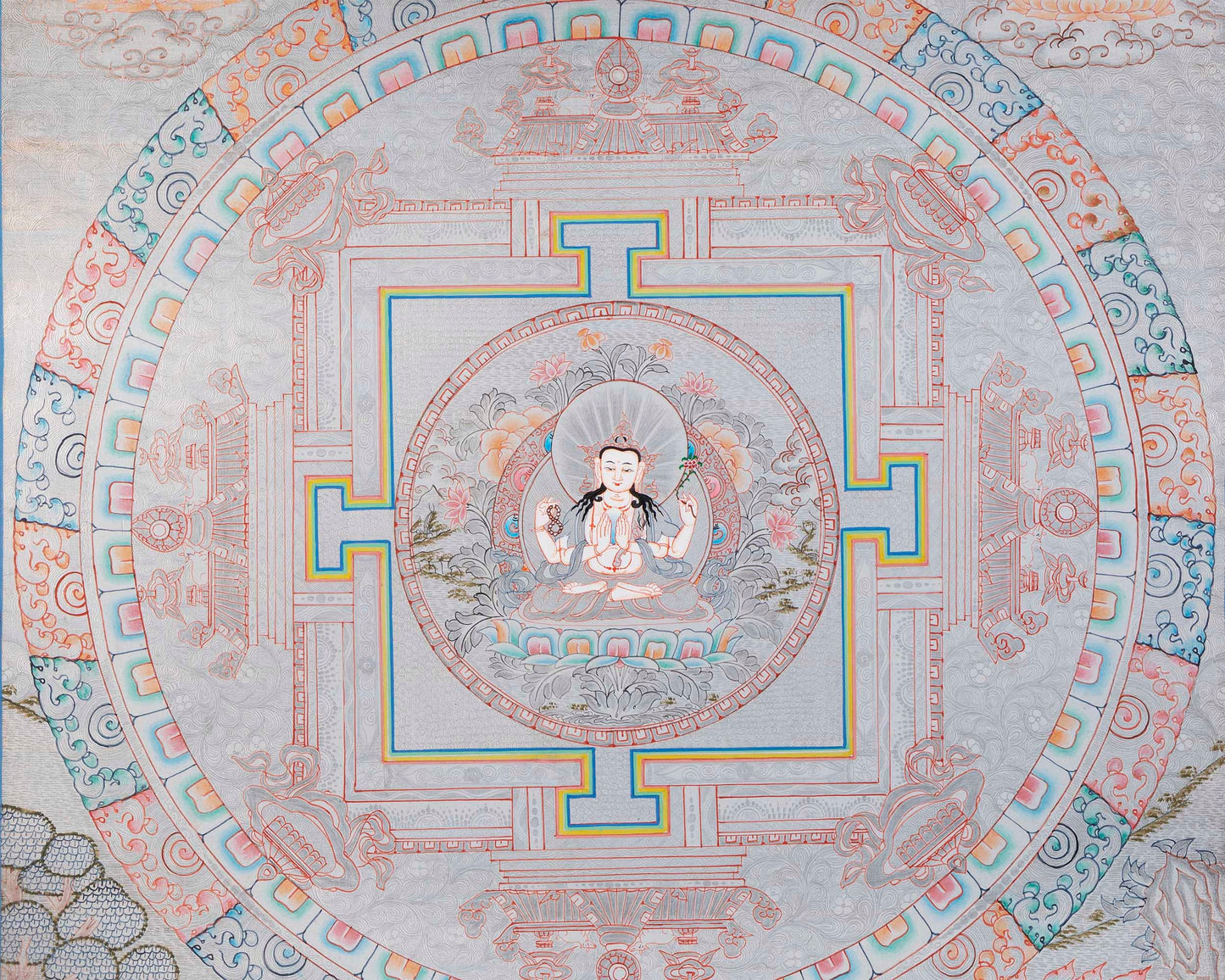 Chegrezig Mandala Thangka | Hand Painted covered with Pure Silver