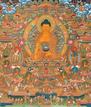 Traditional Shakyamuni Buddha Thangka | Large Traditional Panoramic Wall Art To Aid Meditation Yoga | 24 K Gold Artwork