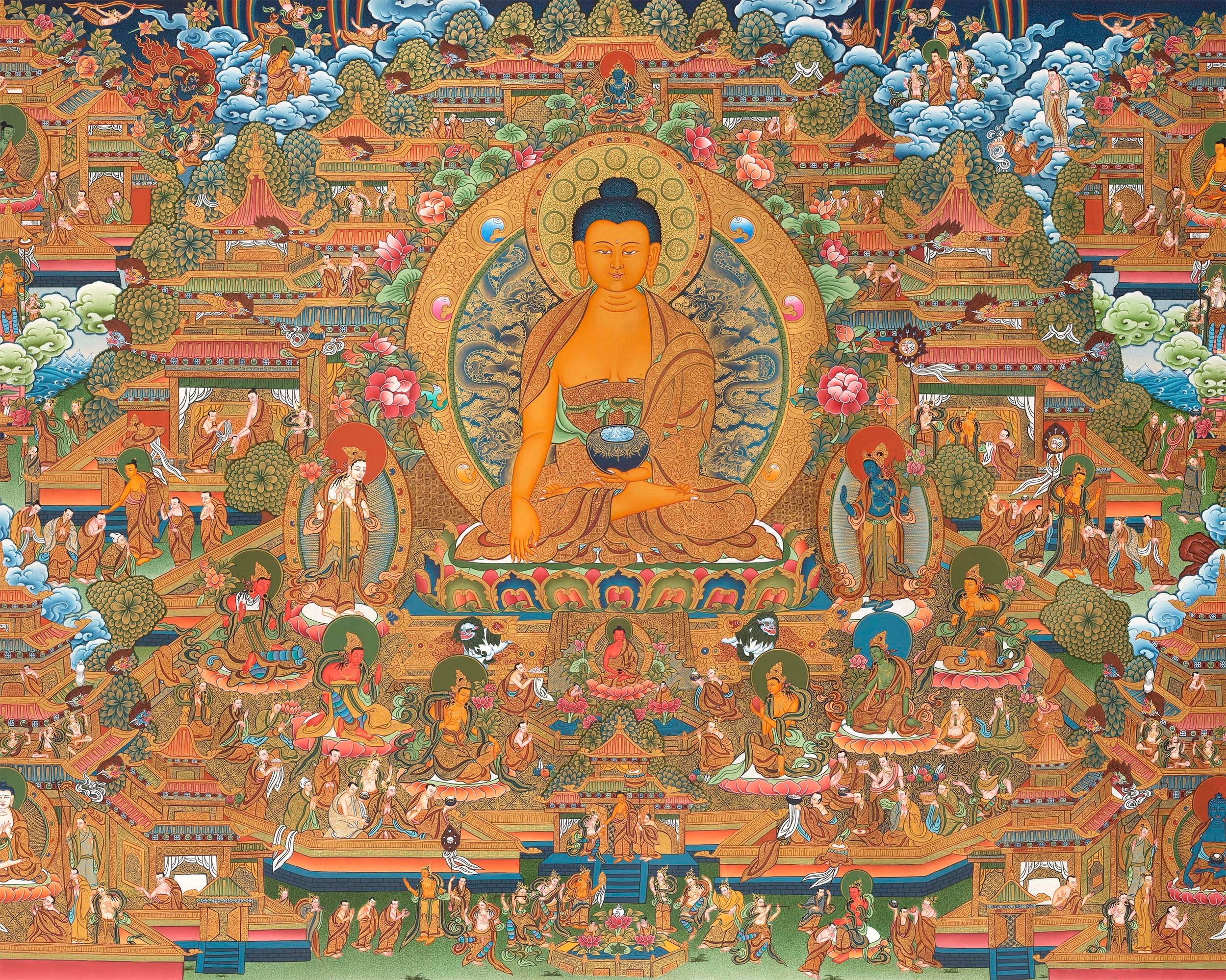 Traditional Shakyamuni Buddha Thangka | Large Traditional Panoramic Wall Art To Aid Meditation Yoga | 24 K Gold Artwork