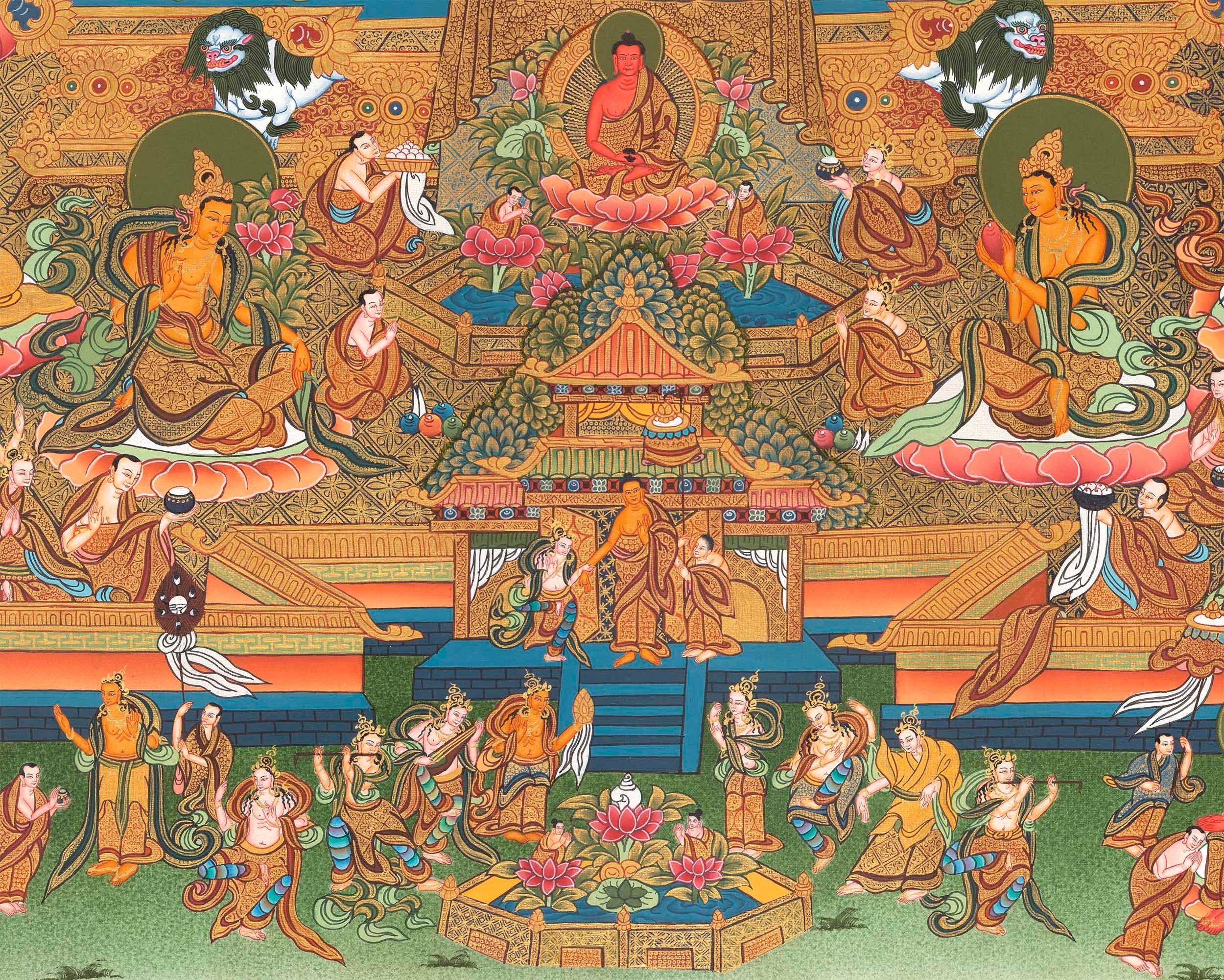 Traditional Shakyamuni Buddha Thangka | Large Traditional Panoramic Wall Art To Aid Meditation Yoga | 24 K Gold Artwork