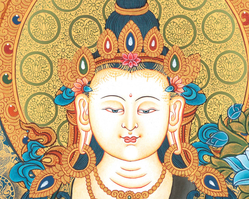 Traditional 4 Armed Chengrezig Buddha | Horizontal Original Thangka Painting | 24K Gold Work