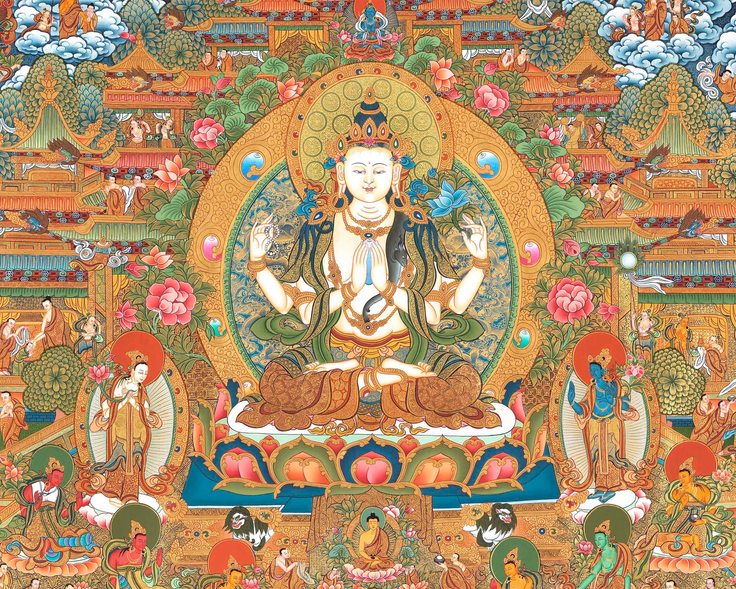 Traditional 4 Armed Chengrezig Buddha | Horizontal Original Thangka Painting | 24K Gold Work