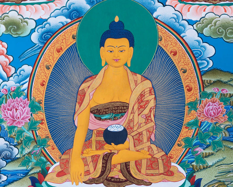 Thangka Painting of  Shakyamuni , Dipankara  and Maitreya Buddha Surrounded by The Great Buddhist Masters -  Atisa, Nagarjuna and Milarepa