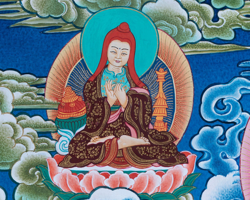 Thangka Painting of  Shakyamuni , Dipankara  and Maitreya Buddha Surrounded by The Great Buddhist Masters -  Atisa, Nagarjuna and Milarepa