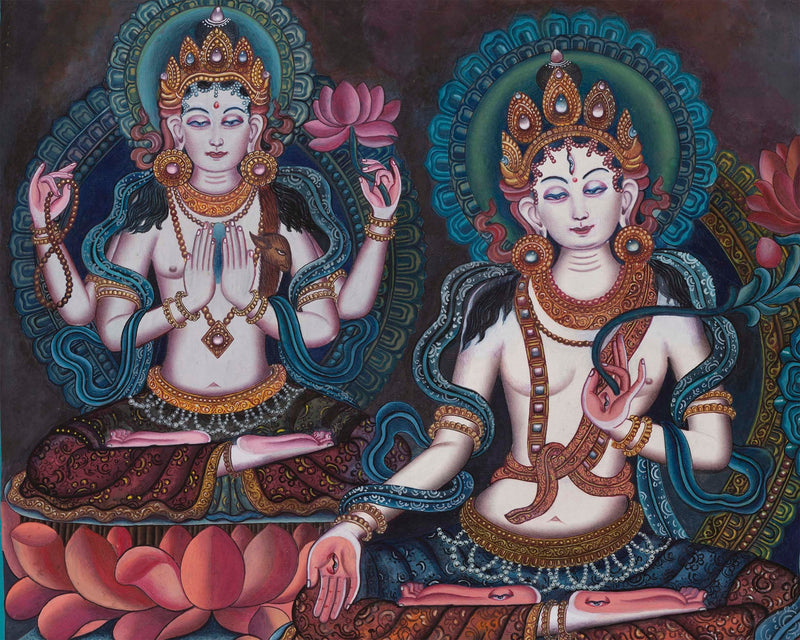 Digital Prints | Boddhisattvas Thangka Print | Green, White Tara and Chenrezig