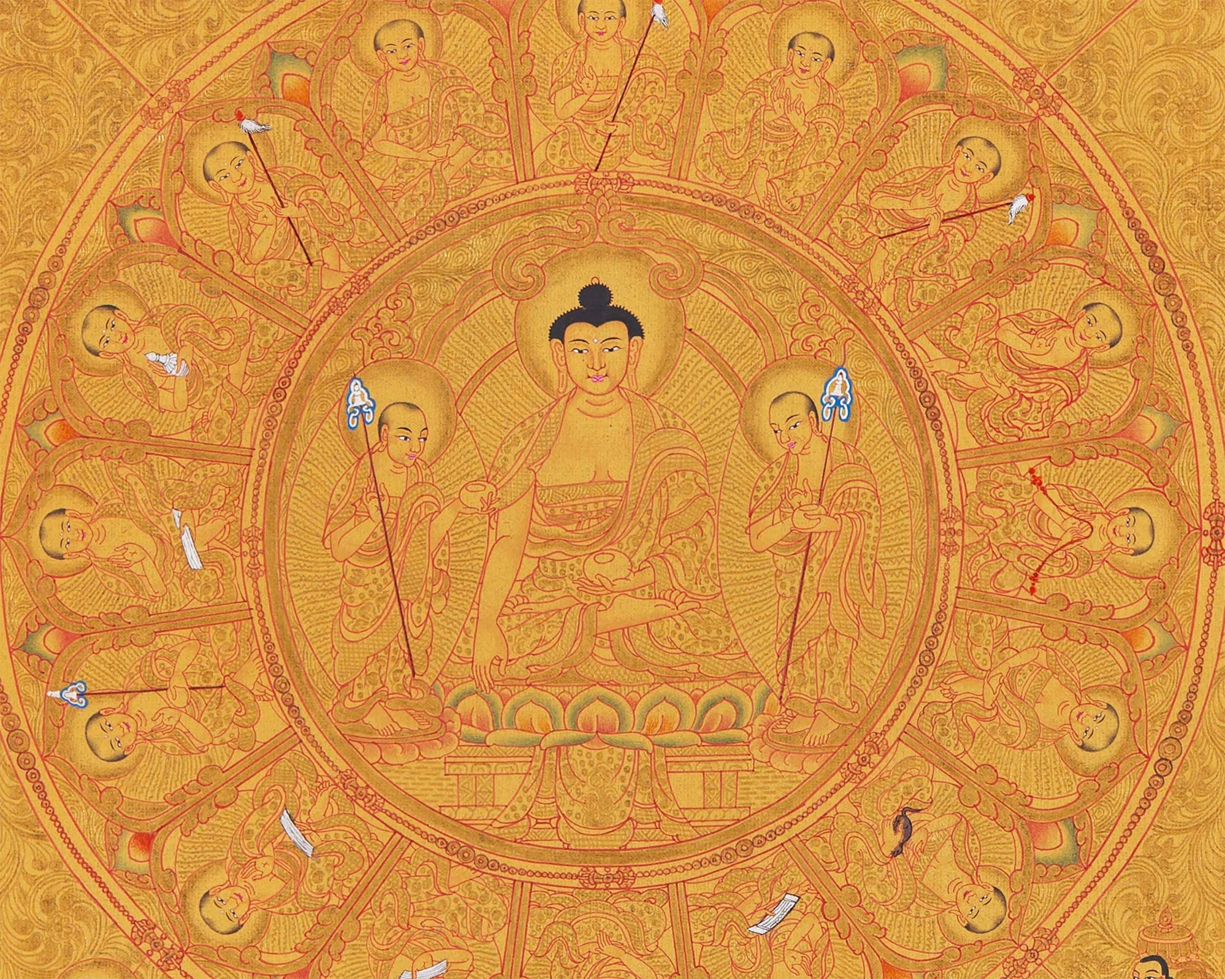 Shakyamuni Buddha Mandala Thangka with Pure 24k Golden  Embellishment | Wall Hanging Yoga Meditation Canvas Art | Spiritual Gift Idea