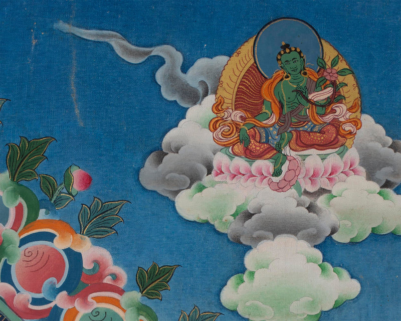 Vintage Avalokiteshvara Thangka | Manjushree, Vajrapani, White & Green Tara