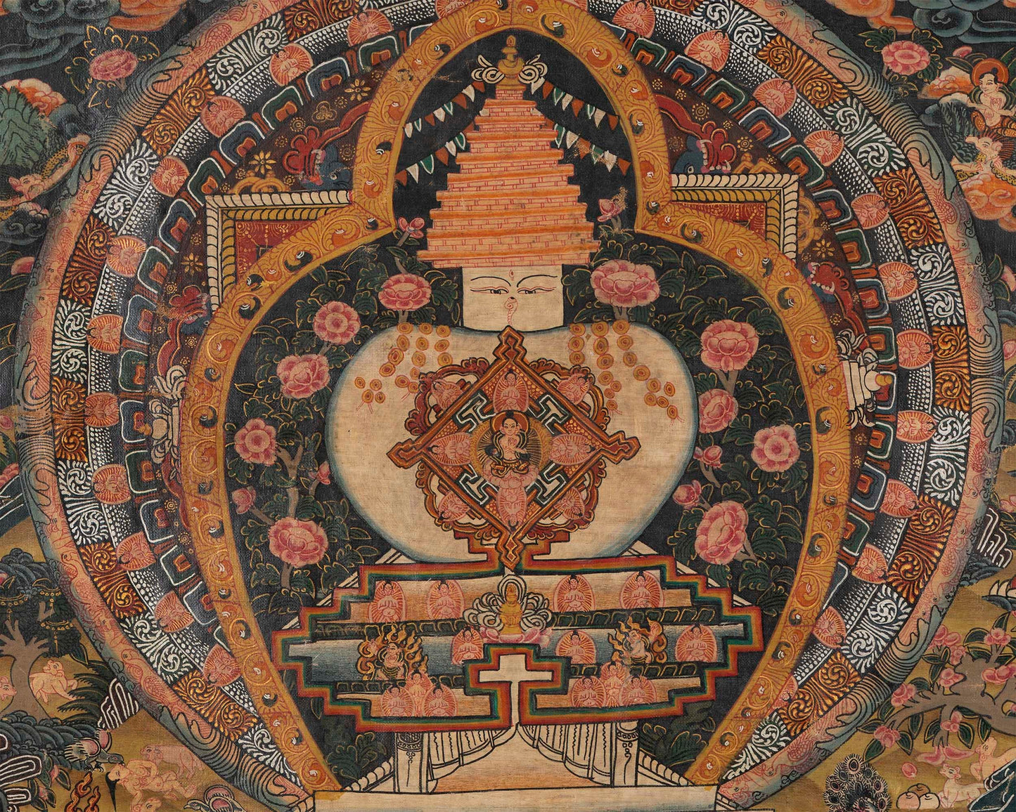 Stupa Thangka | Vintage Original hand painted Buddhist Art with brocade