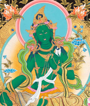 Goddess Green Tara Thangka | Cotton Canvas Hand Painting | Religous Wall Decor