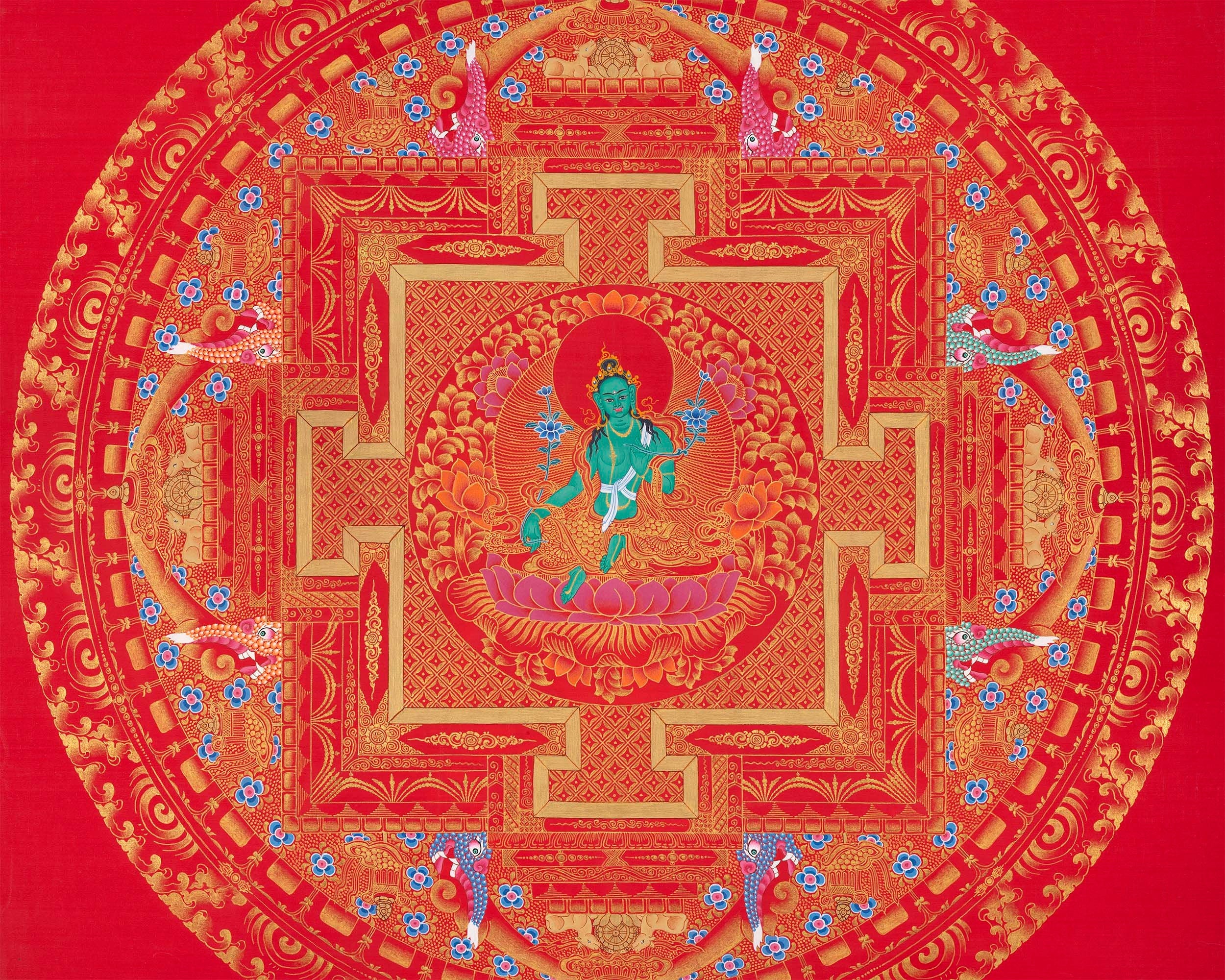 Goddess Green Tara Mandala Thangka | Healing Mandala Thangka | Perfect For Wall Decoration |