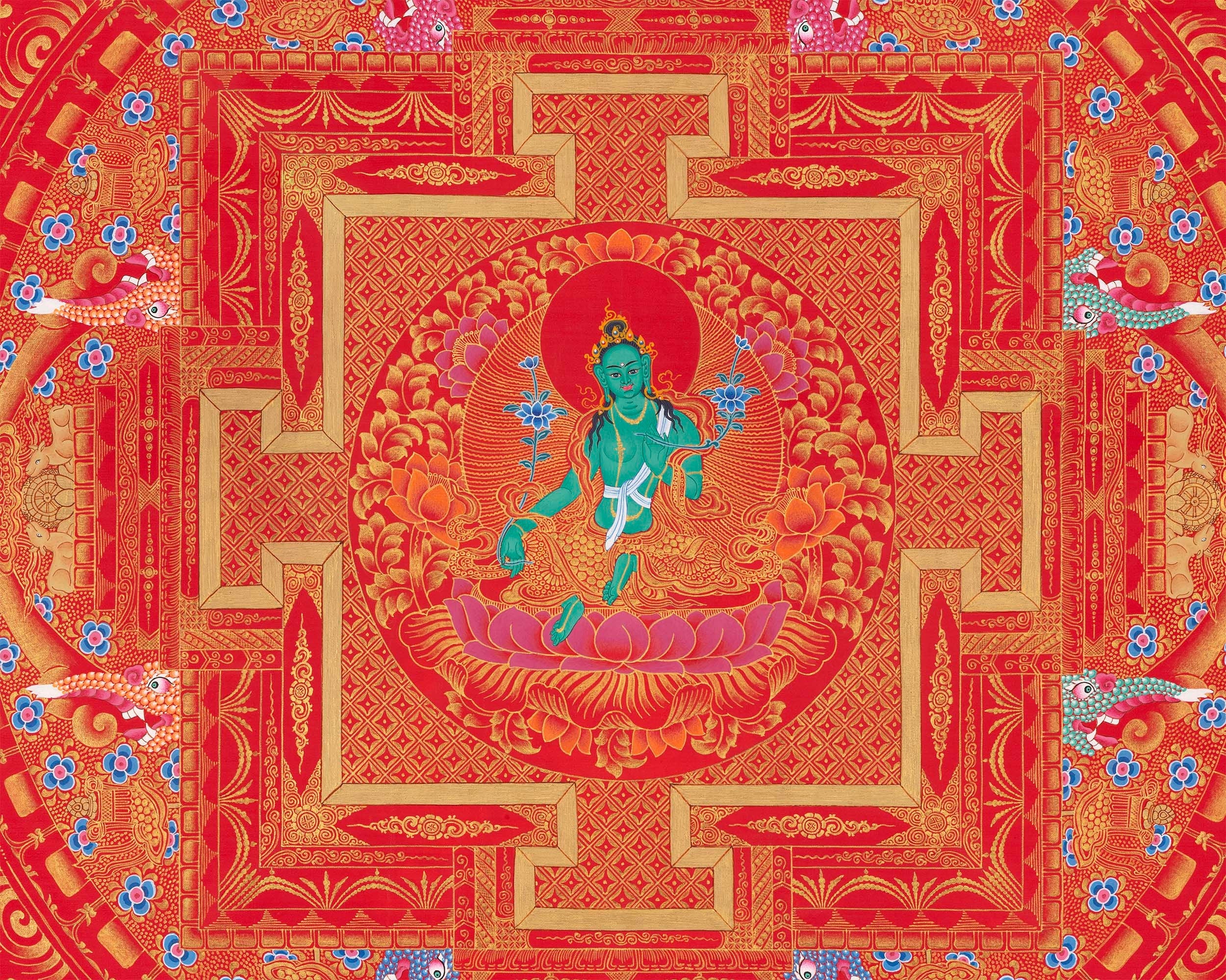 Goddess Green Tara Mandala Thangka | Healing Mandala Thangka | Perfect For Wall Decoration |