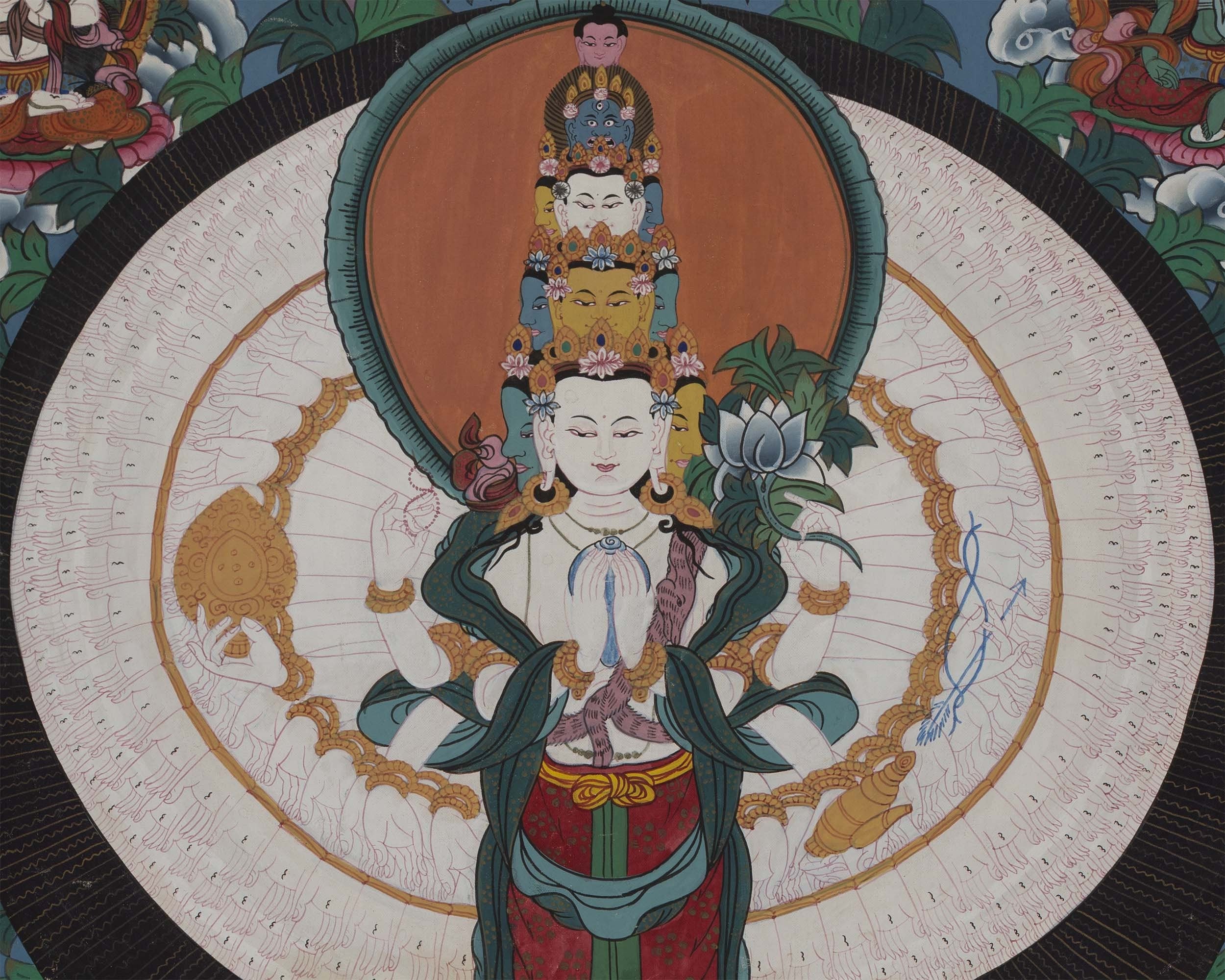 Vintage Arya Lokeshvara | Old Brocade mounted Chengrezig Thangka