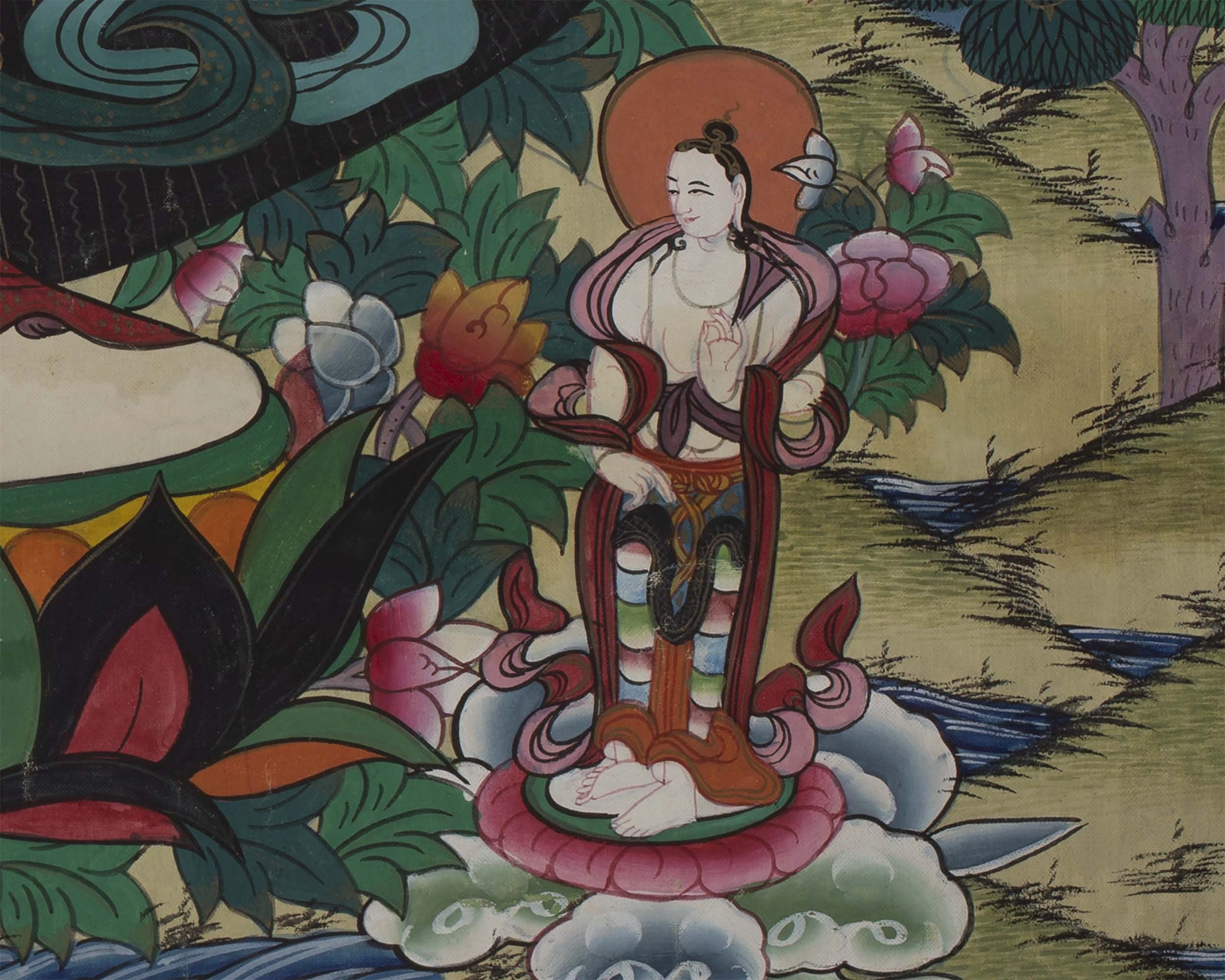 Vintage Arya Lokeshvara | Old Brocade mounted Chengrezig Thangka