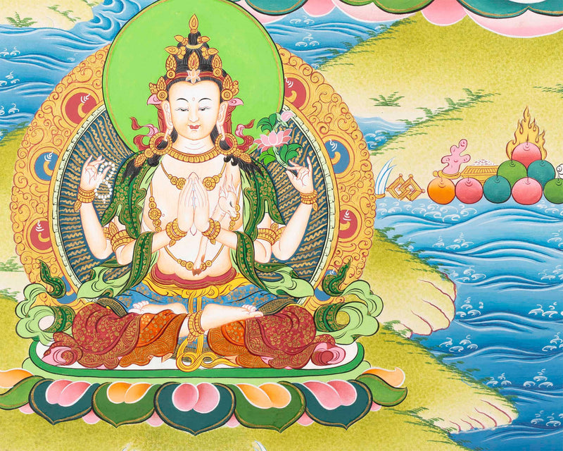 Manjushri Thangka  | Flanked By Avalokiteshvara And Vajrapani