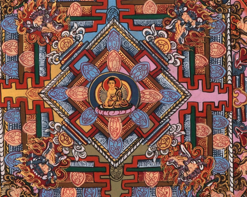Gold Buddha Mandala Thangka | Original Hand Painted Small Sized Buddhist Thangka |  Tibetan Wall Decoration Painting | 43x33 CMS