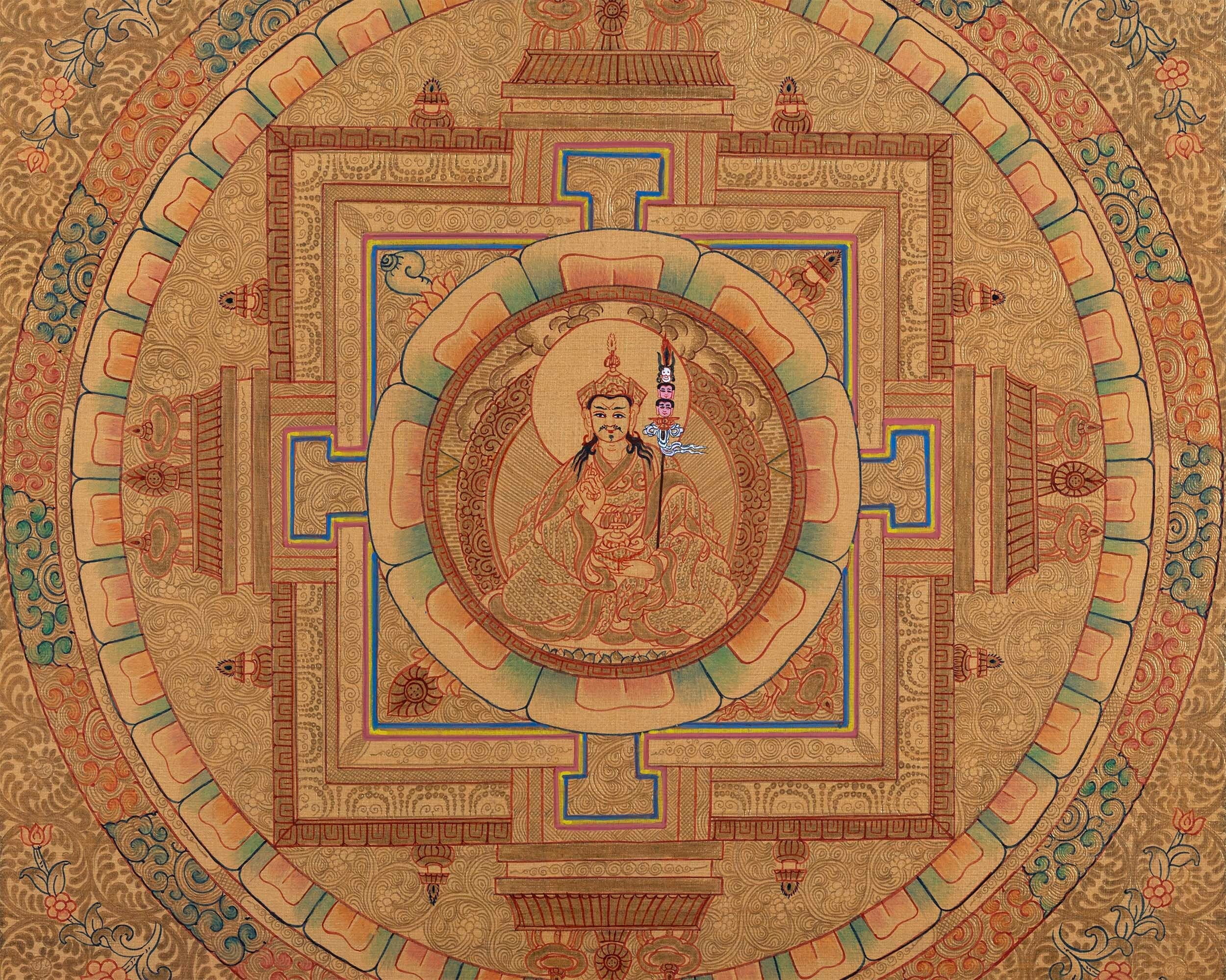 Gold Mandala | Guru Padmasambhava Thangka Wall Art | Tantric Buddhist Master