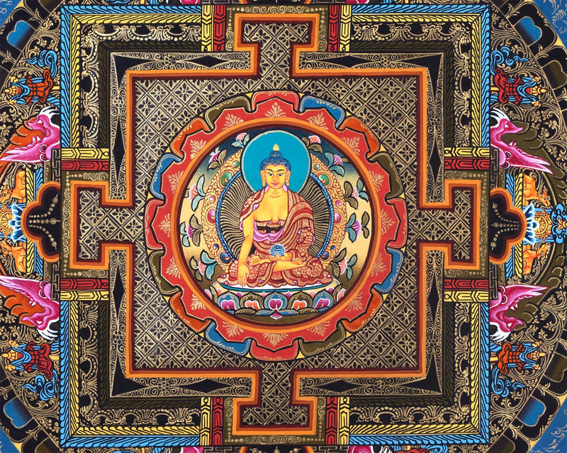 Buddha Shakyamuni Mandala Thangka Painting | Himalayan Buddhist Art  of Buddha On Lotus Throne  | 24 K Gold Work On Black  Base Color