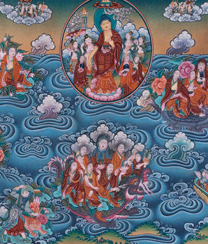 Buddha with 16 Arthats Thangka | Original Hand Painted Tibetan Wall hanging Decoration for Peace | Landscape Art