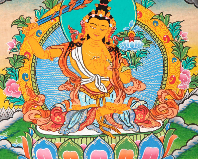 Manjushri Thangka Painting  | Himalayan Buddhist Art | Buddhist Thangka Decor | Religious Gifts | Art Small for your Shrine And Home Decor