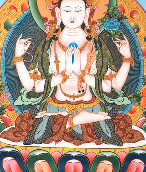 Bodhisattva Avalokiteshvara Thangka | 4 Armed Chengrezig |  Tibetan Buddhist Painting