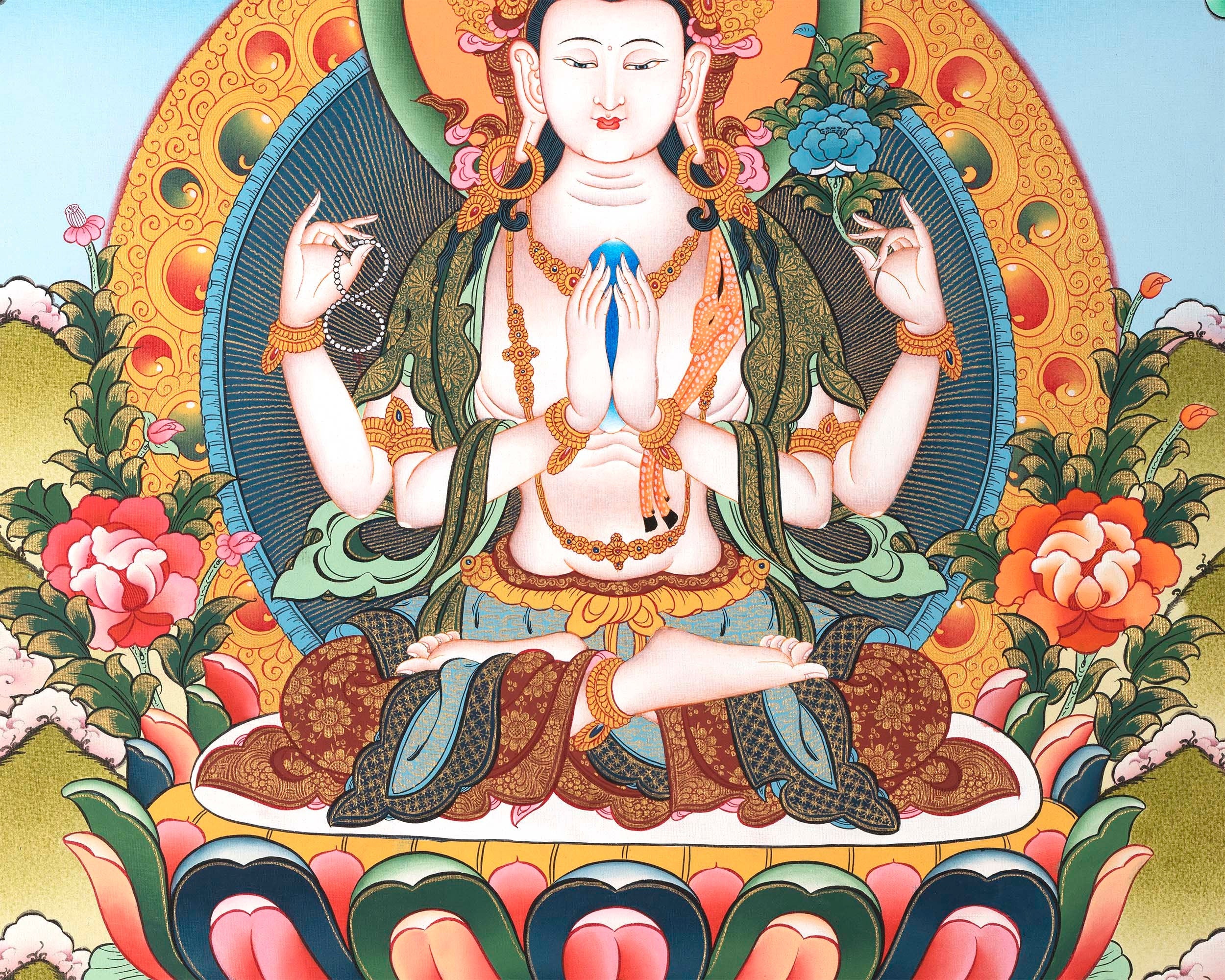 Bodhisattva Avalokiteshvara Thangka | 4 Armed Chengrezig |  Tibetan Buddhist Painting