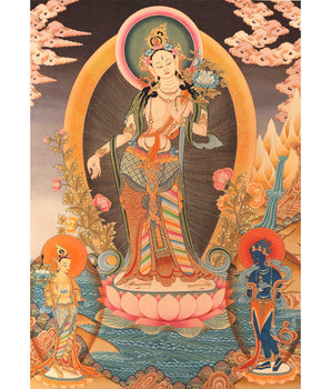Standing White Tara Mother Goddess Healing Thangka Painting |  Wall hanging Decoration for Positivity