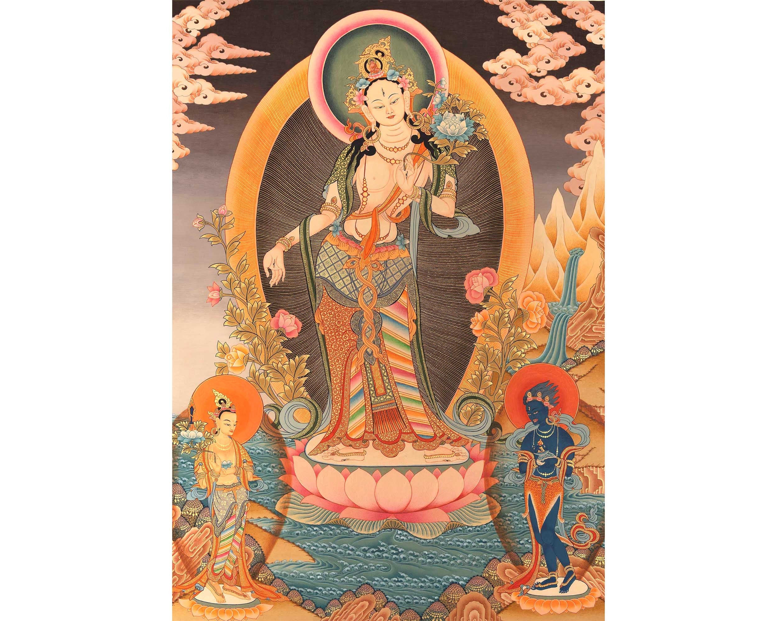 Standing White Tara Mother Goddess Healing Thangka Painting |  Wall hanging Decoration for Positivity