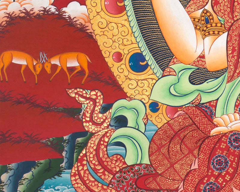 Avalokitesvara Chengrezig Thangka | Flanked by Boddhisattvas Vajrapani and Manjushree | Wall Decors