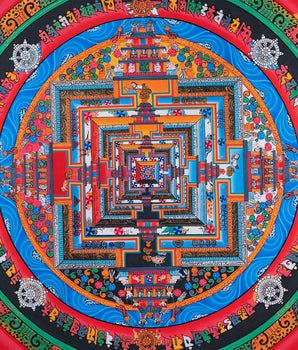 Red Kalachakra Mandala Thangka | Dragon Motif Artwork | Religious Wall Hanging Decors