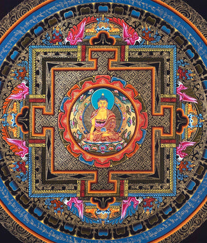 Buddha Shakyamuni Mandala Thangka Painting | Himalayan Buddhist Art  of Buddha On Lotus Throne  | 24 K Gold Work On Black  Base Color