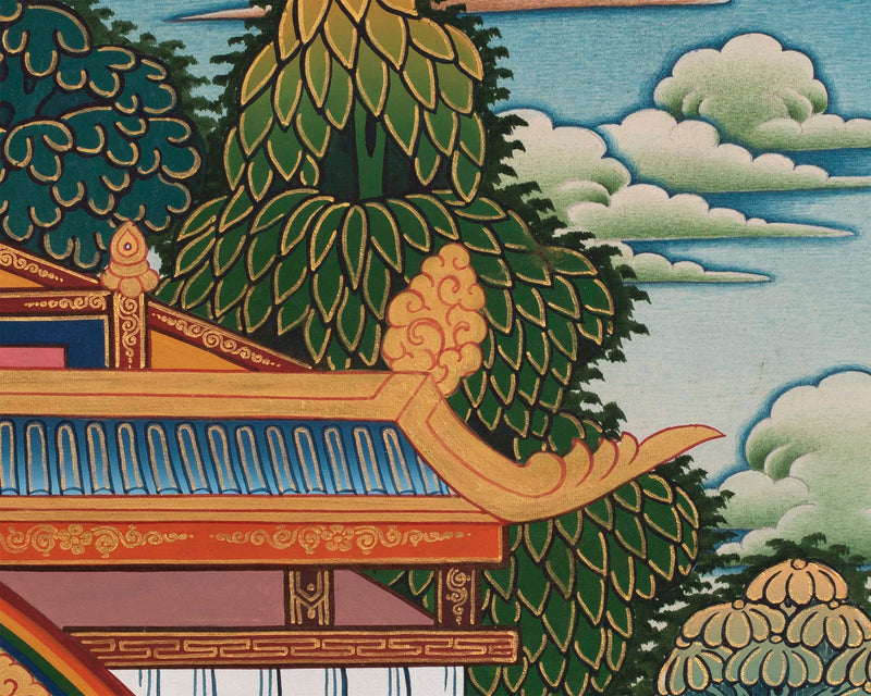 Manjushree Thangka | Manjushri Palace Large Sized Tibetan Thangka Painting For Office, Bedroom & Farmhouse
