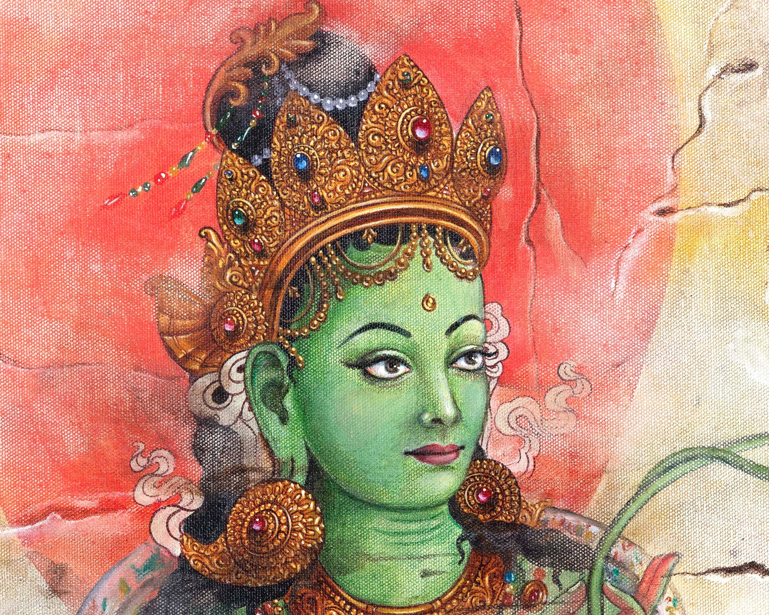 Oil Painting Tara | Arya Green Tara | Religious Buddhist Thangka