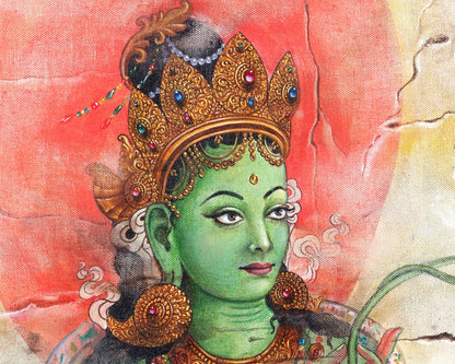 Oil Painting Tara | Arya Green Tara | Religious Buddhist Thangka