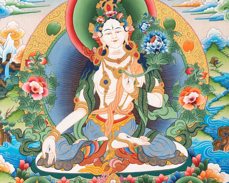 Bodhisattva with White Tara Thangka  | Cotton Canvas Art