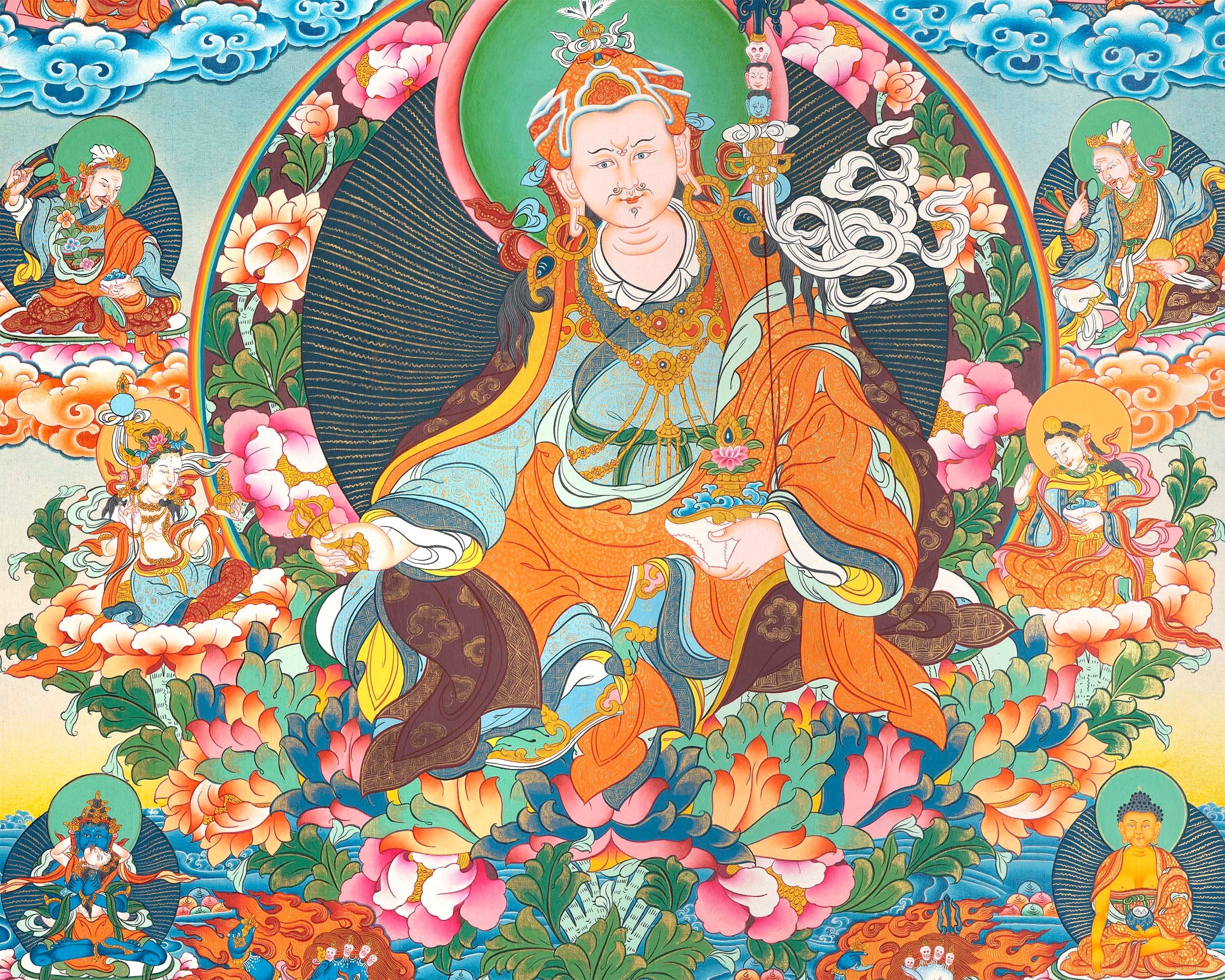 Guru Padmasambava Thangka | Tibetan Master Hand Painting | Religious Wall Decor