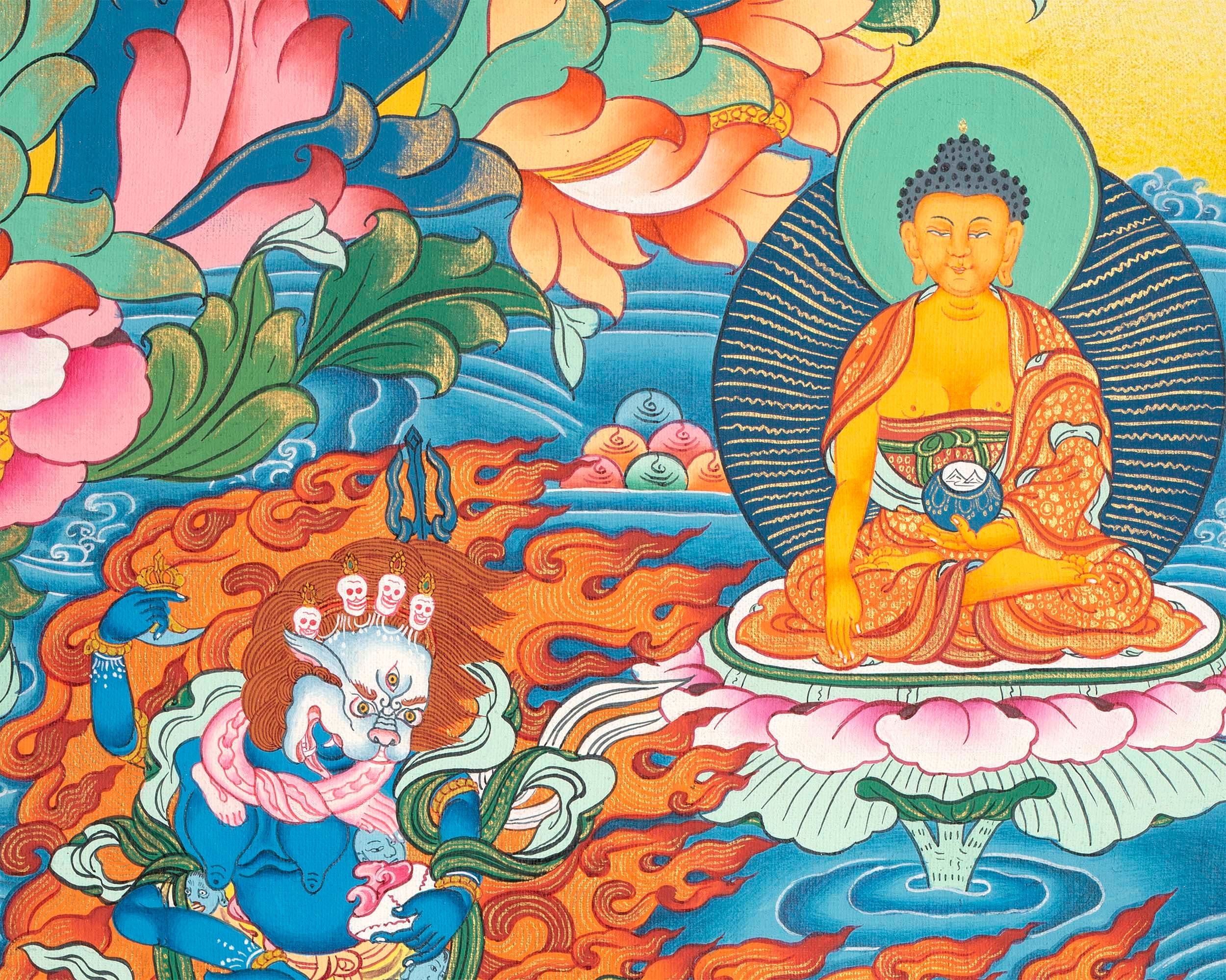 Guru Padmasambava Thangka | Tibetan Master Hand Painting | Religious Wall Decor