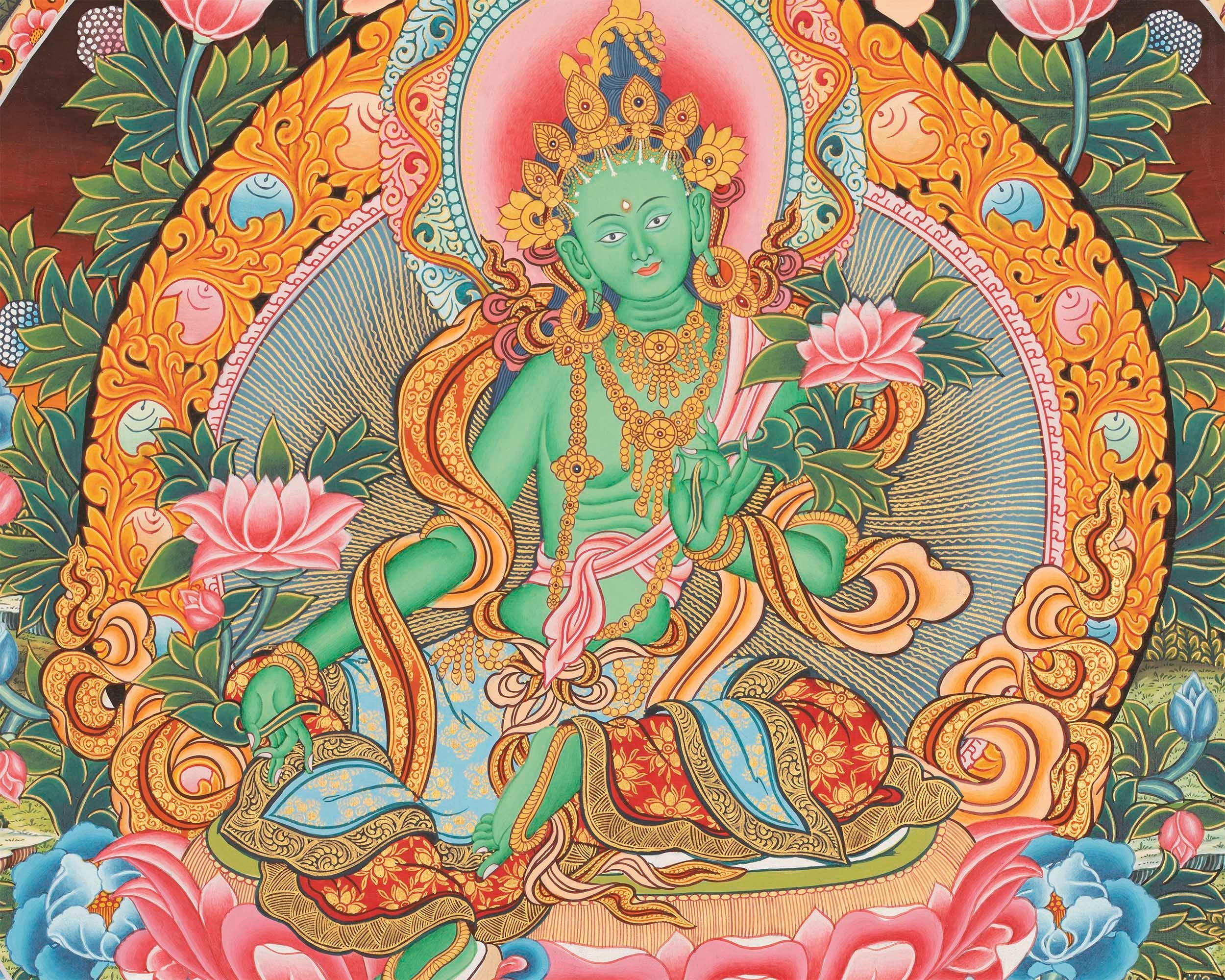 Newari Style Green Tara Thangka | Hand Painted Buddhist Art | Wall Decors