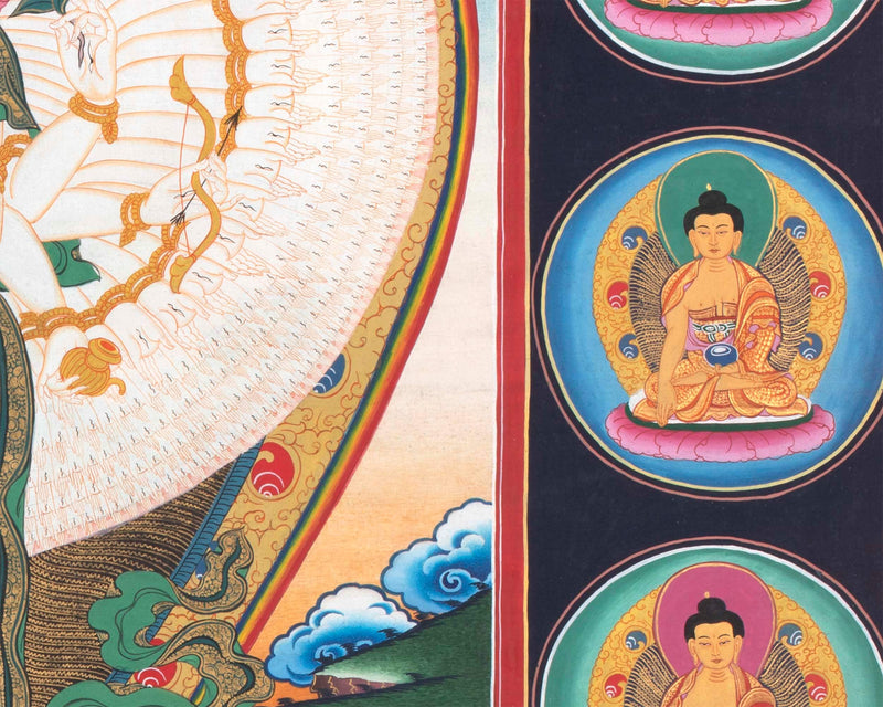 Avalokiteshvara Original Handmade Tibetan Thangka | Small Size Wall Decoration Painting