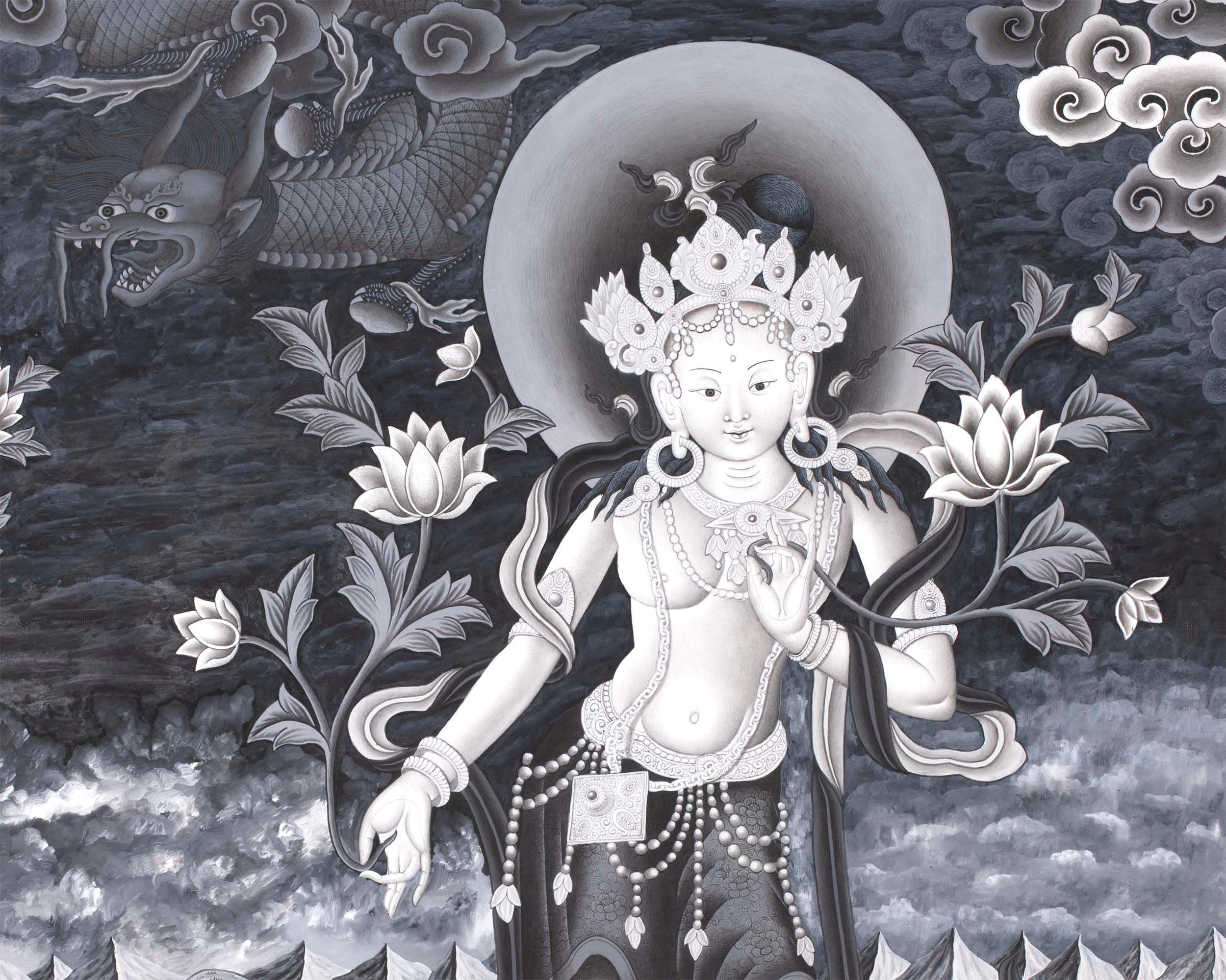 Newari Thangka | White Tara, Manjushri and Green Tara Standing