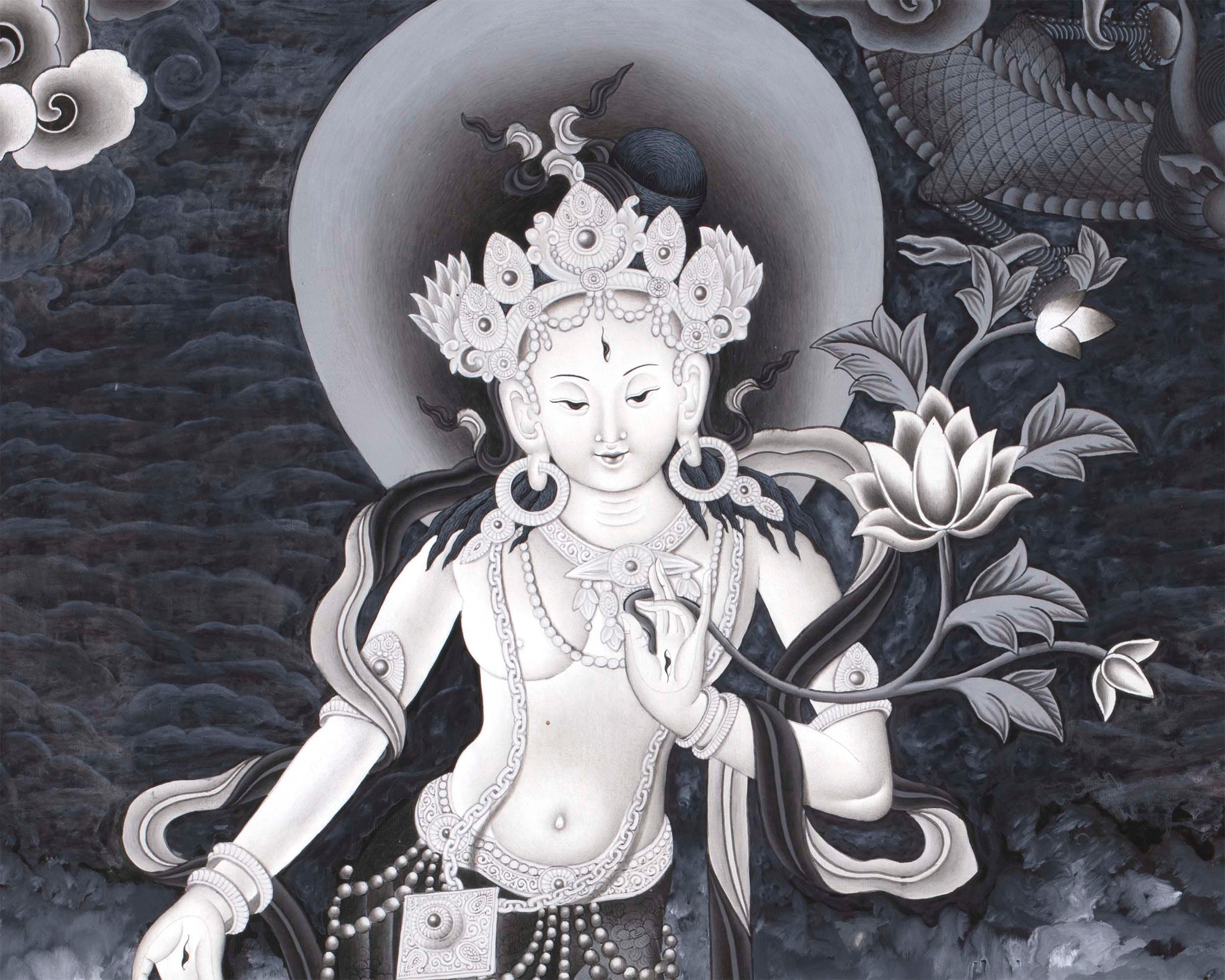 Newari Thangka | White Tara, Manjushri and Green Tara Standing