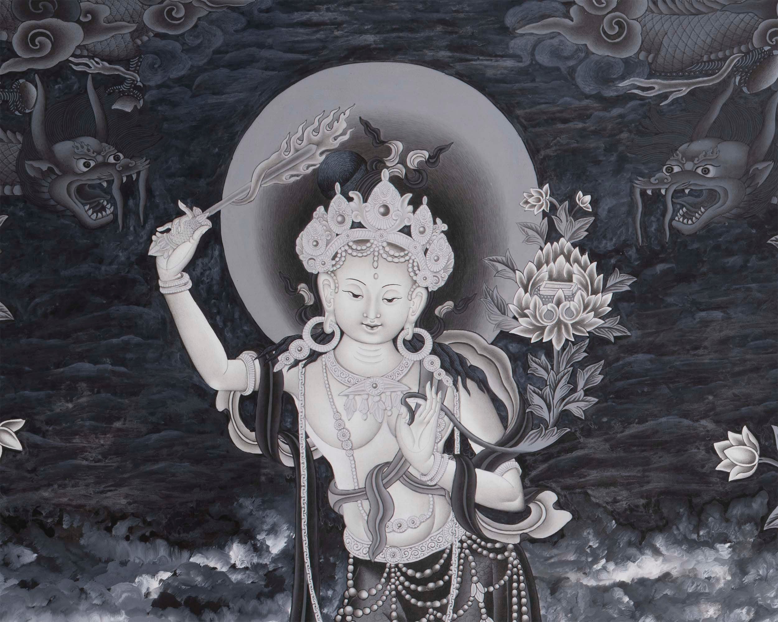 Newari Thangka | White Tara, Manjushri and Green Tara Standing